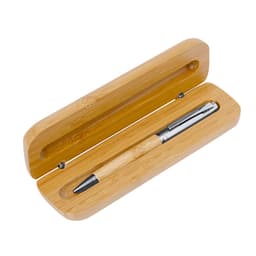 A metal pen with a wooden bamboo casing, featuring a sleek design in silver and natural bamboo tones.