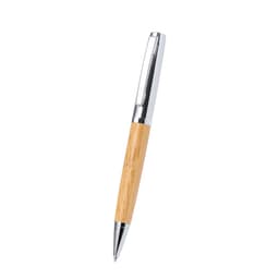 A pen with a bamboo barrel and silver accents. The pen has a smooth design and a sleek finish.