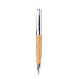 A ballpoint pen with a bamboo barrel and chrome accents. The pen features a sleek, modern design.