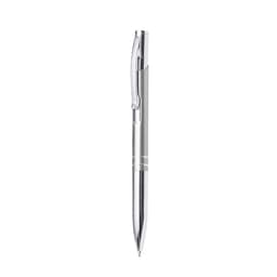 A metal pen with a shiny silver finish and a clip, featuring a branding logo.