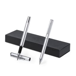 A metallic pen set in silver, displayed alongside a sleek black gift box. The set includes a pen and a mechanical pencil.