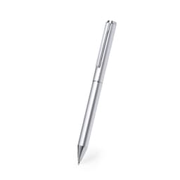 A silver metal pen with a sleek design, featuring a clip and a shiny finish. It has a small logo on the barrel.