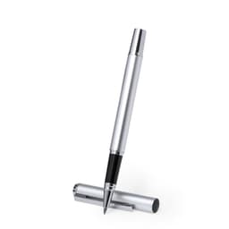 A metal pen in silver and black, resting on its cap, featuring a sleek design and a branding logo.