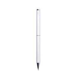 A silver metal pen with a sleek design and a logo on the upper part.