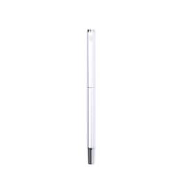 A metal pen with a sleek white body and silver accents, featuring a logo on the upper section.