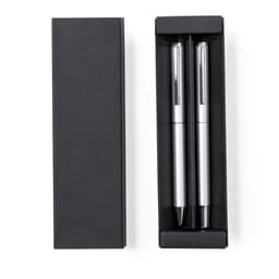 A metal pen set in a black box, featuring two silver pens with black accents. The box is simple and elegant.