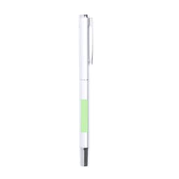 A metal pen in white with a green accent and a clip, featuring a branding logo.
