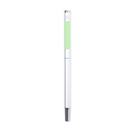 A metal pen in white with a green accent, featuring a logo on the upper part.
