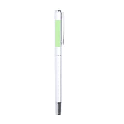 A metal pen with a white body and a green accent, featuring a clip and a branding logo.