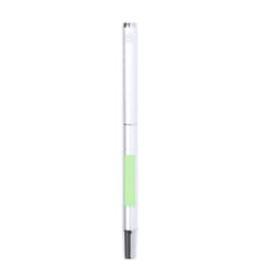 A metal pen in white with a green accent, featuring a branding logo.