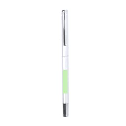 A metal pen with a shiny silver finish and a green grip, featuring a sleek design and branding.