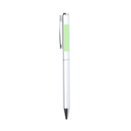 A metal pen with a white body and a green accent, featuring a clip and a branded element.