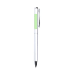 A metal pen with a white body and a green accent, featuring a clip and a black tip.