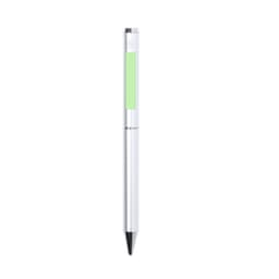 A metal pen featuring a silver body with a green accent. The pen has a logo displayed on its surface.