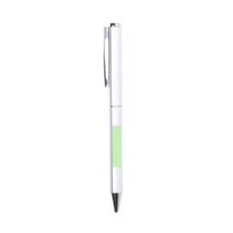 A metallic pen in white with a green grip section. The pen features a clip and a branded logo.