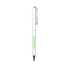 A metal pen featuring a white body with a green accent and a black tip. The pen includes a clip for attachment.
