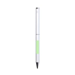 A silver metal pen with a green accent, featuring a logo on the upper part of the barrel.