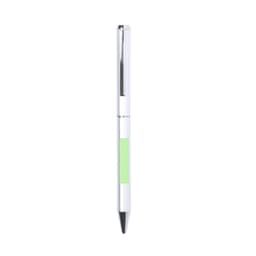 A metal pen with a silver body, black tip, and a green accent section. It features a logo on the side.
