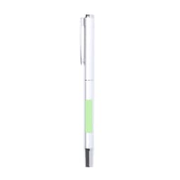 A metal pen featuring a white body with a green accent and a clip. It has a sleek, modern design.