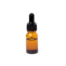 An amber glass dropper bottle with a black rubber bulb, containing a clear liquid. It has a sleek, modern design.