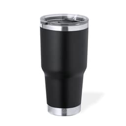A black insulated travel mug with a stainless steel rim and a clear lid. It has a sleek, modern design and a logo.