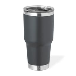 A drink bottle featuring a sleek grey design with a stainless steel rim and a secure lid. Includes branding.