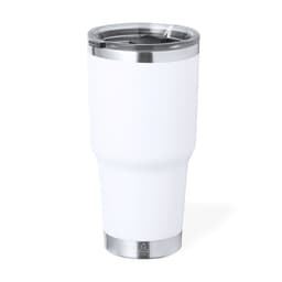 A drink bottle in white with a stainless steel base and a clear lid, featuring a logo.