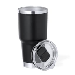 A black insulated travel mug with a stainless steel lid. Features a sleek design and metallic accents.