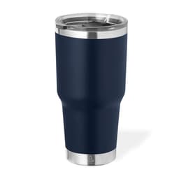 A travel mug in navy blue with a stainless steel base and a clear lid. It features a logo on the side.