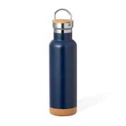 A drink bottle in navy blue with a cork bottom and a metal lid featuring a carry handle.