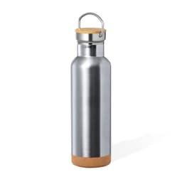A drink bottle made of stainless steel with a cork base and a wooden cap, featuring a logo.