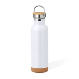 A drink bottle with a sleek white body, cork base, and metal lid featuring a handle. It has a branding logo.
