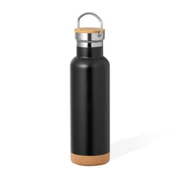 A drink bottle in black with a cork base and a silver lid, featuring a metal loop for easy carrying.