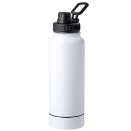 A drink bottle in white with a black cap and a handle, featuring a simple and sleek design.
