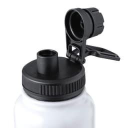 A drink bottle with a white body and a black screw-top lid featuring a flip-top cap and a spout.