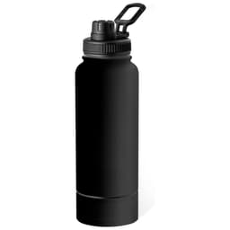 A drink bottle in matte black, featuring a screw-top lid and a handle for easy carrying. It has a logo on the side.