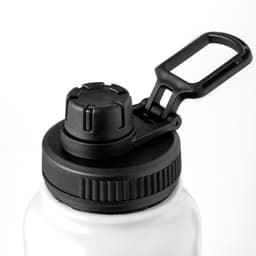 A drink bottle in white with a black screw top and a handy clip for easy carrying. Features a logo on the cap.