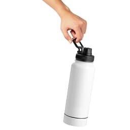 A drink bottle in white with a black cap and clip, designed for insulation. It features a hand holding the bottle.