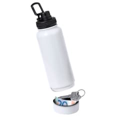A drink bottle in white with a black cap, featuring a hidden compartment for storing small items.