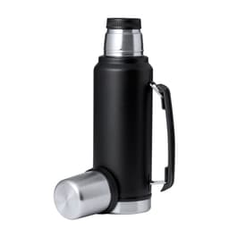A drink bottle with a black matte finish and stainless steel accents, featuring a screw lid and cup attachment.