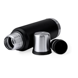 A drink bottle with a sleek black exterior and stainless steel accents, featuring a removable cap and cup.