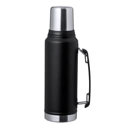 A drink bottle in matte black with a stainless steel lid and a handle, featuring a branding logo.