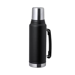 A drink bottle featuring a sleek black exterior and a stainless steel top, complete with a handle and branding.