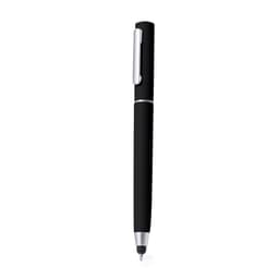 A black pen with a silver clip and tip, featuring a sleek design and a branding logo.