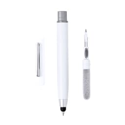 A white pen with a silver clip, accompanied by a grey eraser and a replaceable tip.