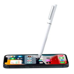 A white pen rests on a black smartphone, displaying a vibrant app interface with various icons.