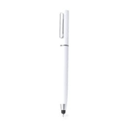 A white pen with a silver clip and tip, featuring a sleek design and a logo on the barrel.