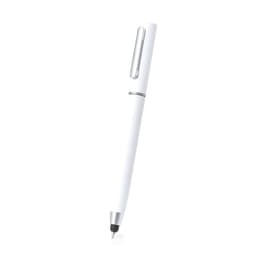 A white pen with a silver clip, featuring a sleek design and a branding logo.