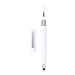 A white pen with a silver clip, featuring a removable cap. It has a clean, modern design.