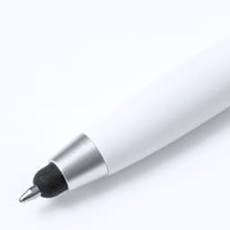 A white pen with a silver tip and black writing point, featuring a branding logo.